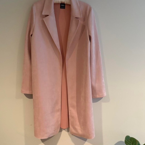 ZARA Soft Pink Wool Blend Long Coat | Pastel Minimalist Open Front Duster Small - Picture 7 of 11